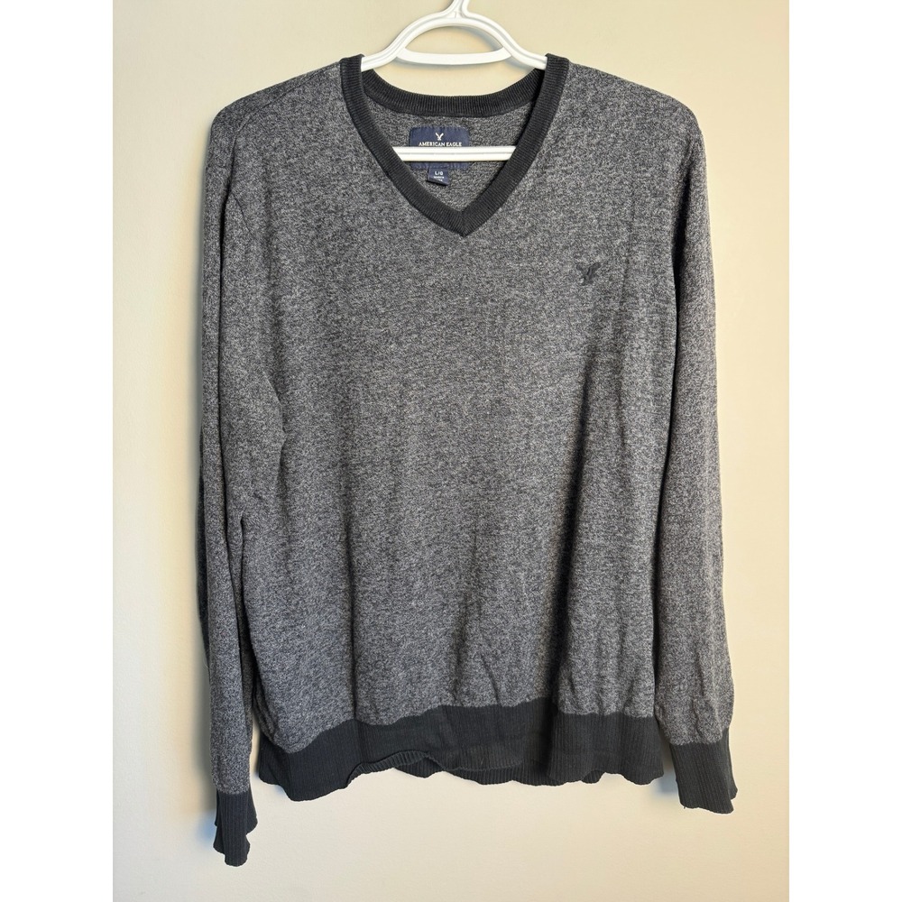 American Eagle Mens Gray Marled V-Neck Sweater L Classic Preppy Basic Casual